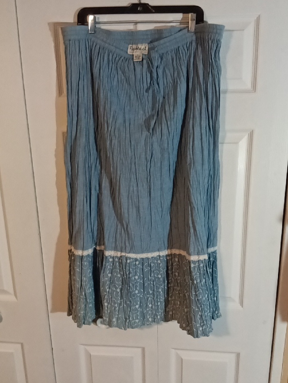 Crinkled Light Blue Tiered Maxi Skirt with Lace Trim
